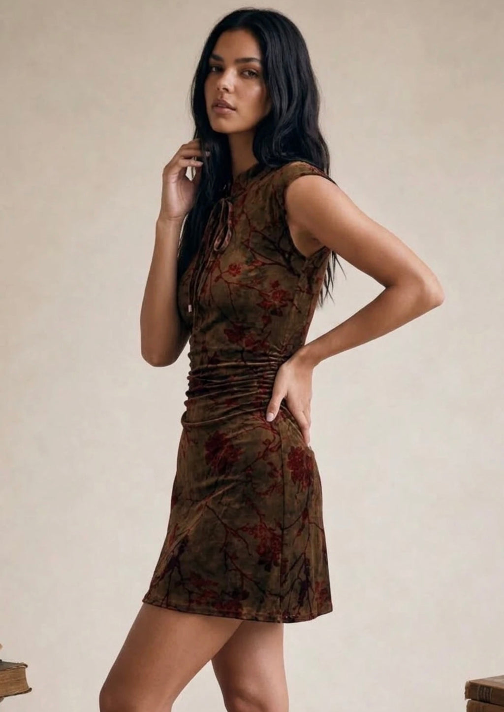 Brown Floral Textured Lace Up Mini Dress