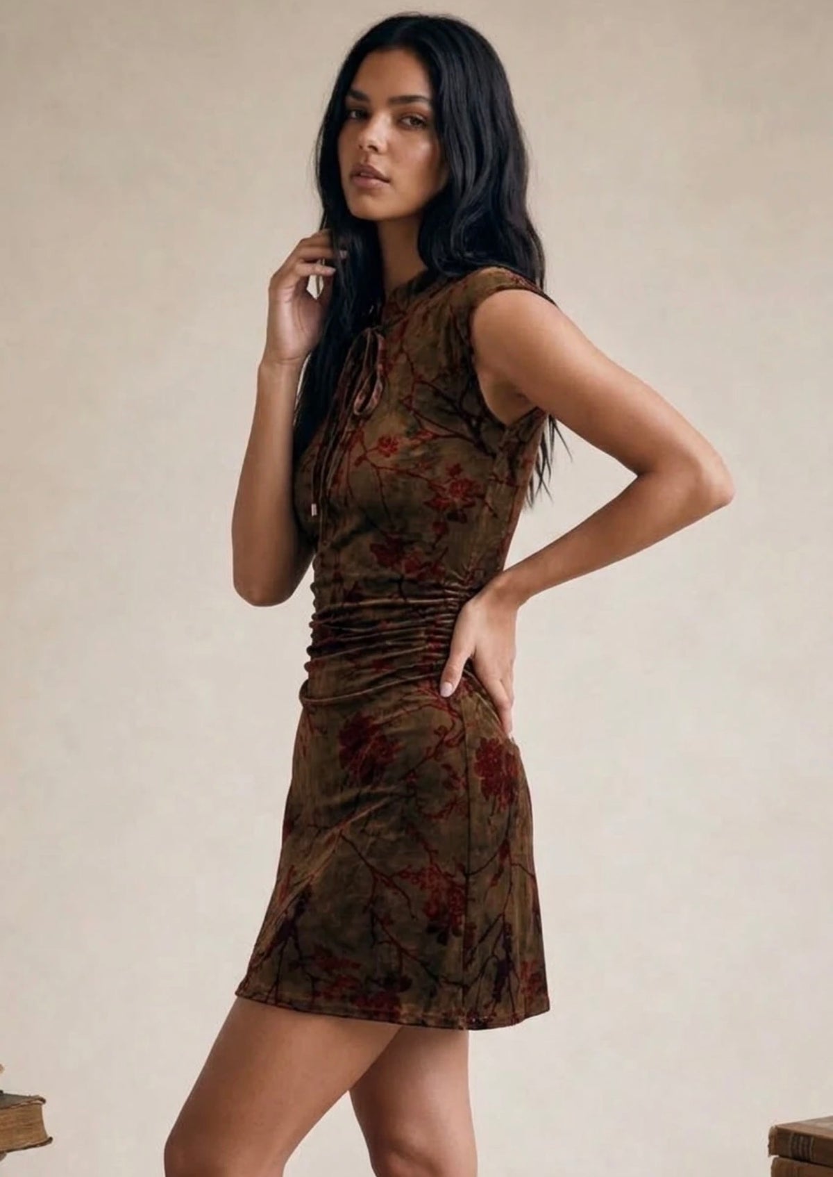 Brown Floral Textured Lace Up Mini Dress