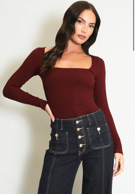 Wine Square Neck Long Sleeve Basic Top