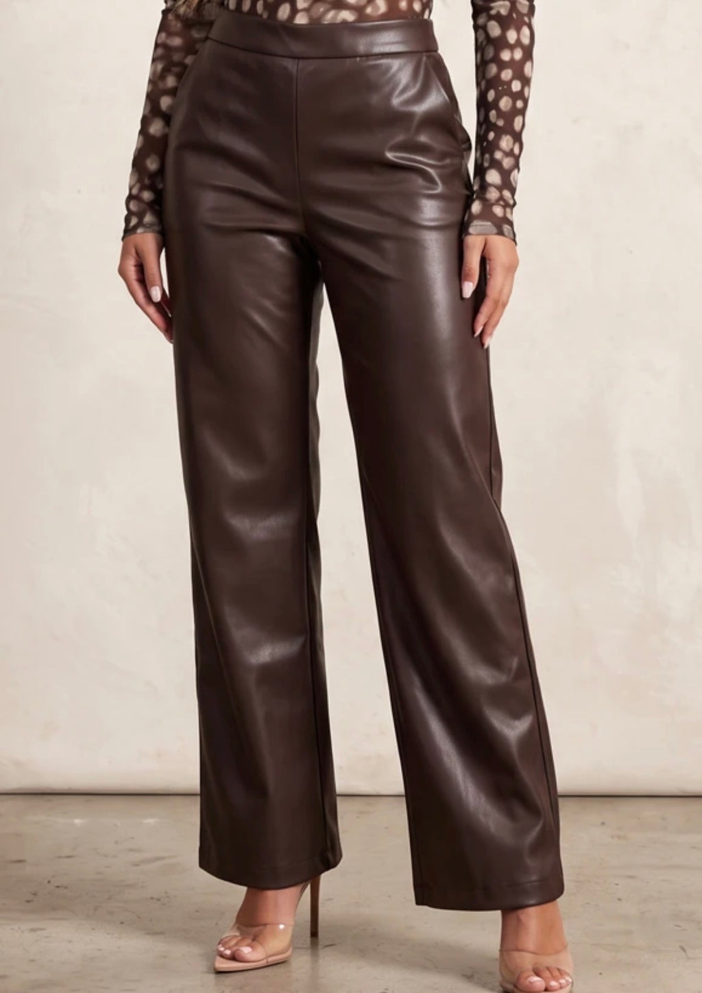 Brown Leather Straight Leg Trousers