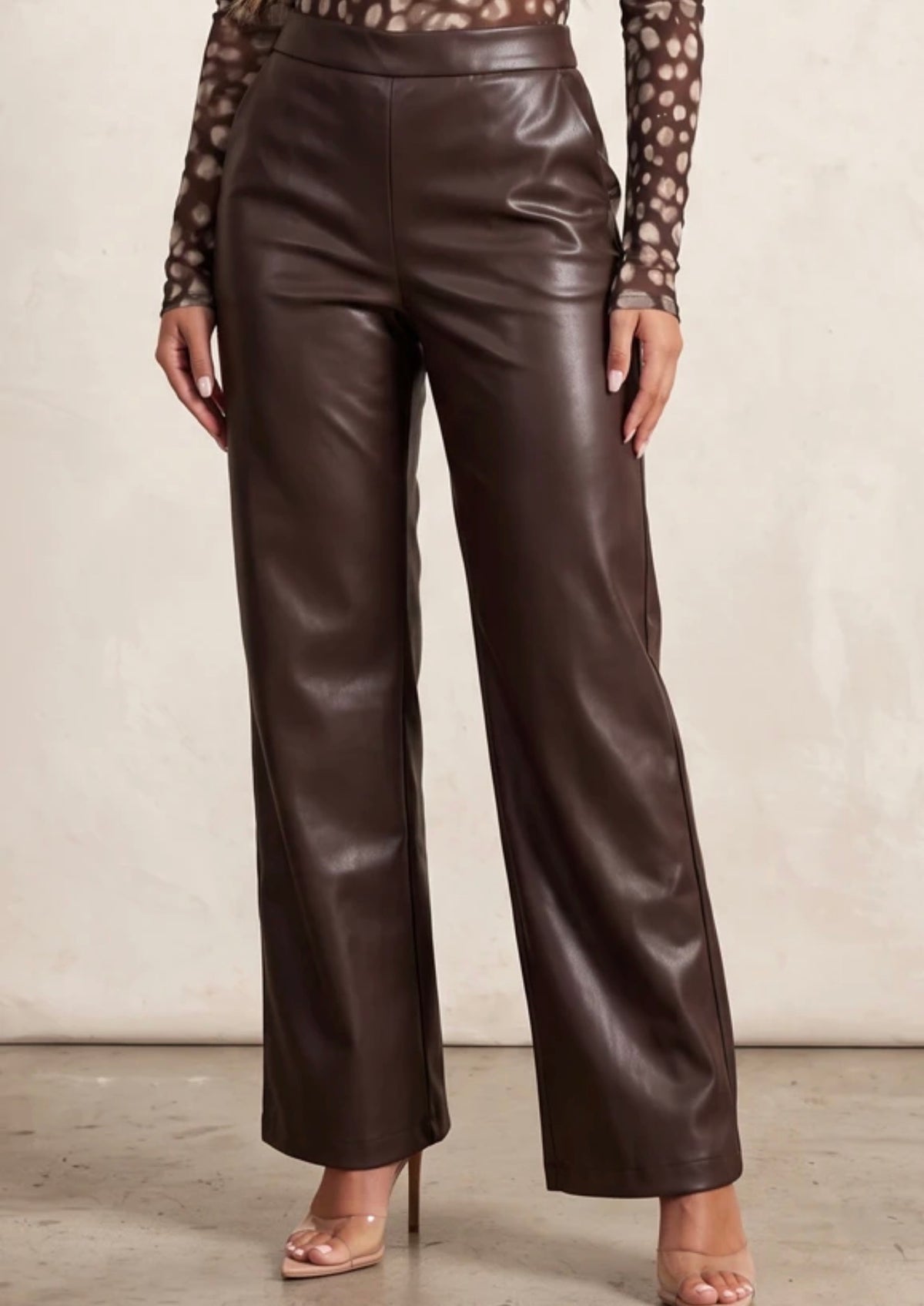 Brown Leather Straight Leg Trousers