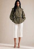 Khaki Pleated Balloon Sleeve Short Trench Coat