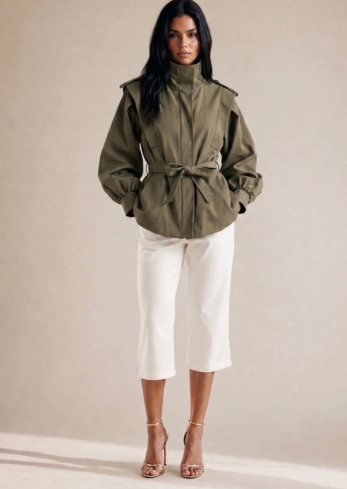 Khaki Pleated Balloon Sleeve Short Trench Coat