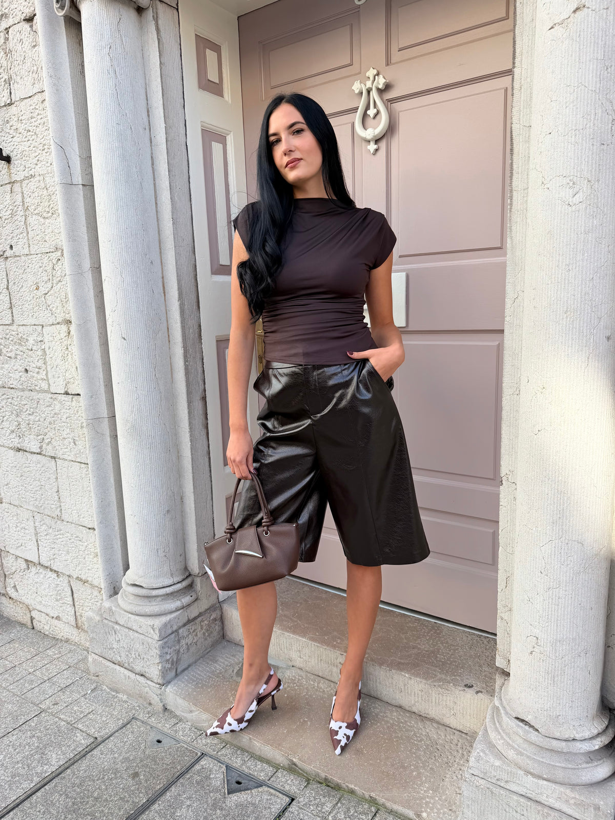 Brown PU Paneled Culottes
