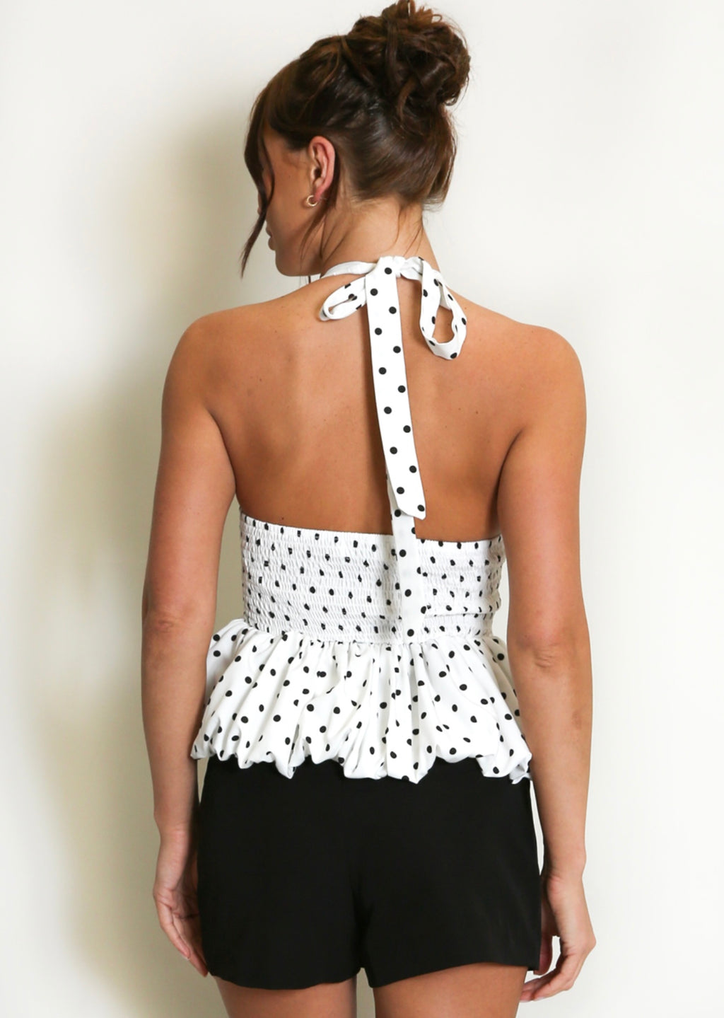 White Polka Dot Peplum Bubble Hem Top