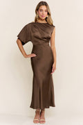 Brown Satin Dress With Detail On The Shoulder