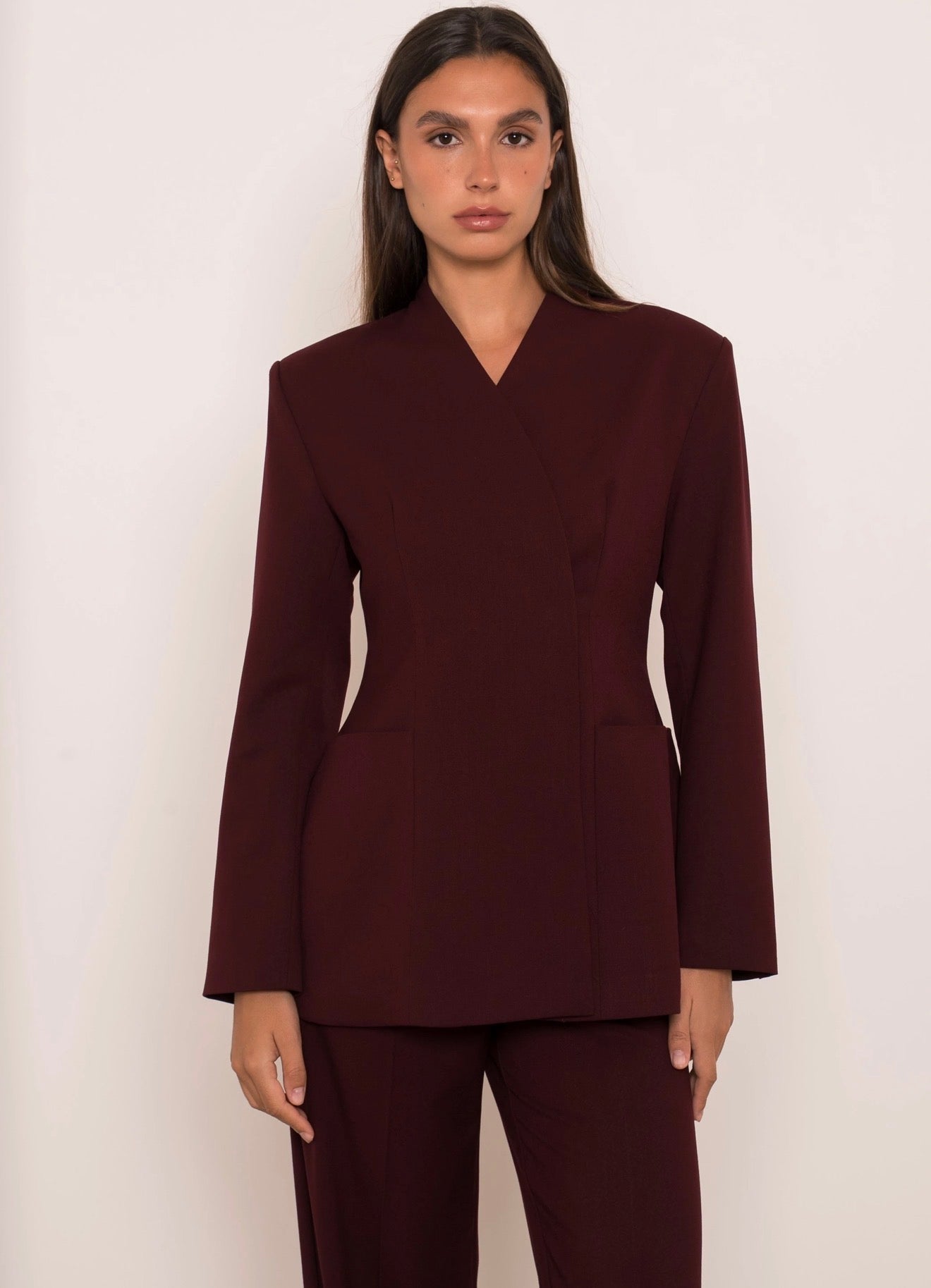 Burgundy Collarless Wrap Blazer