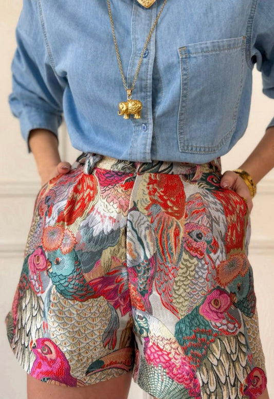 Pink Jacquard Bird Print Tailored Shorts