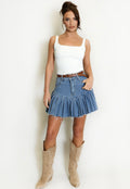 Dark Denim Pleated Mini Skirt With Belt