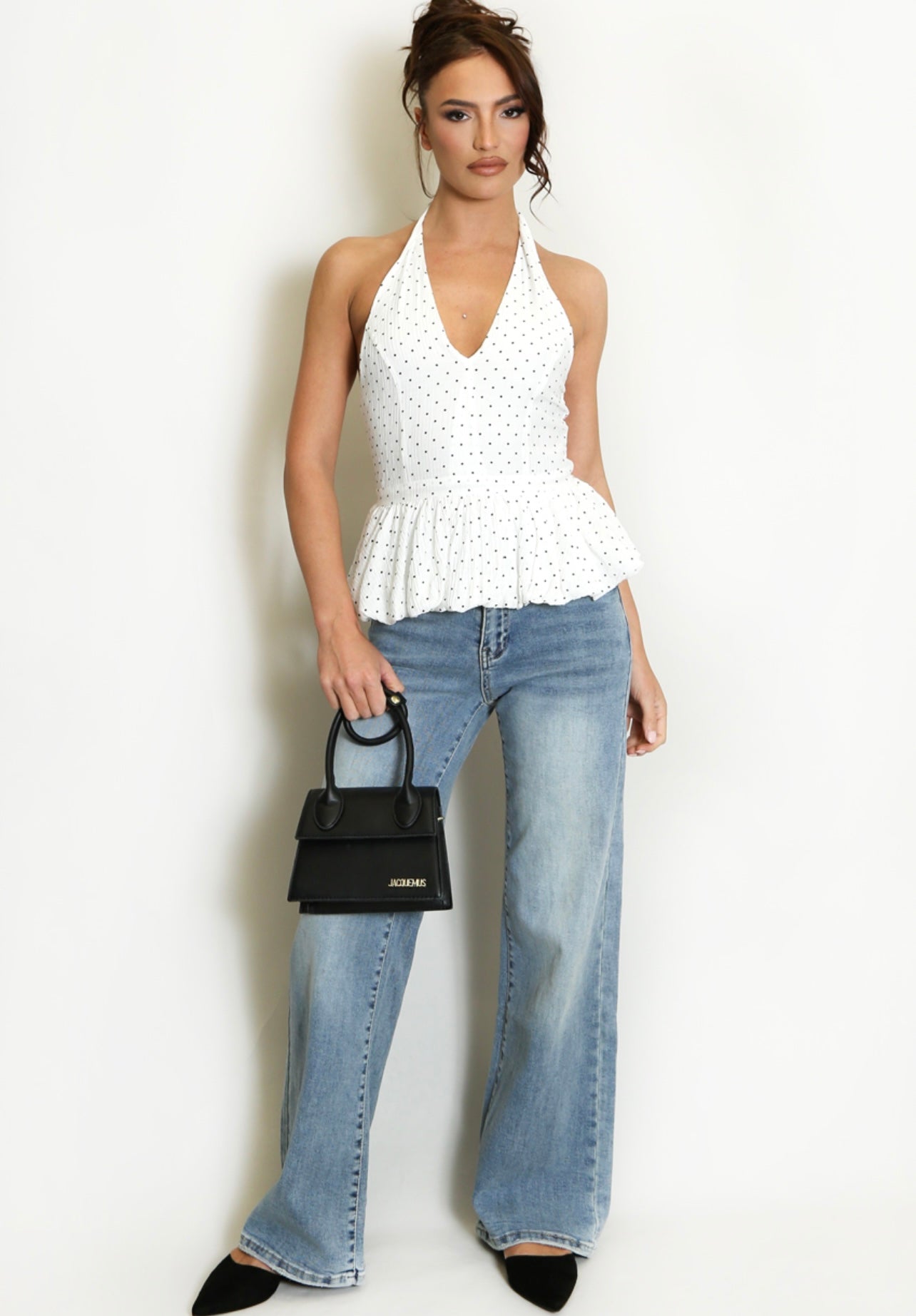 White Polka Dots Bubble Hem Halterneck Blouse
