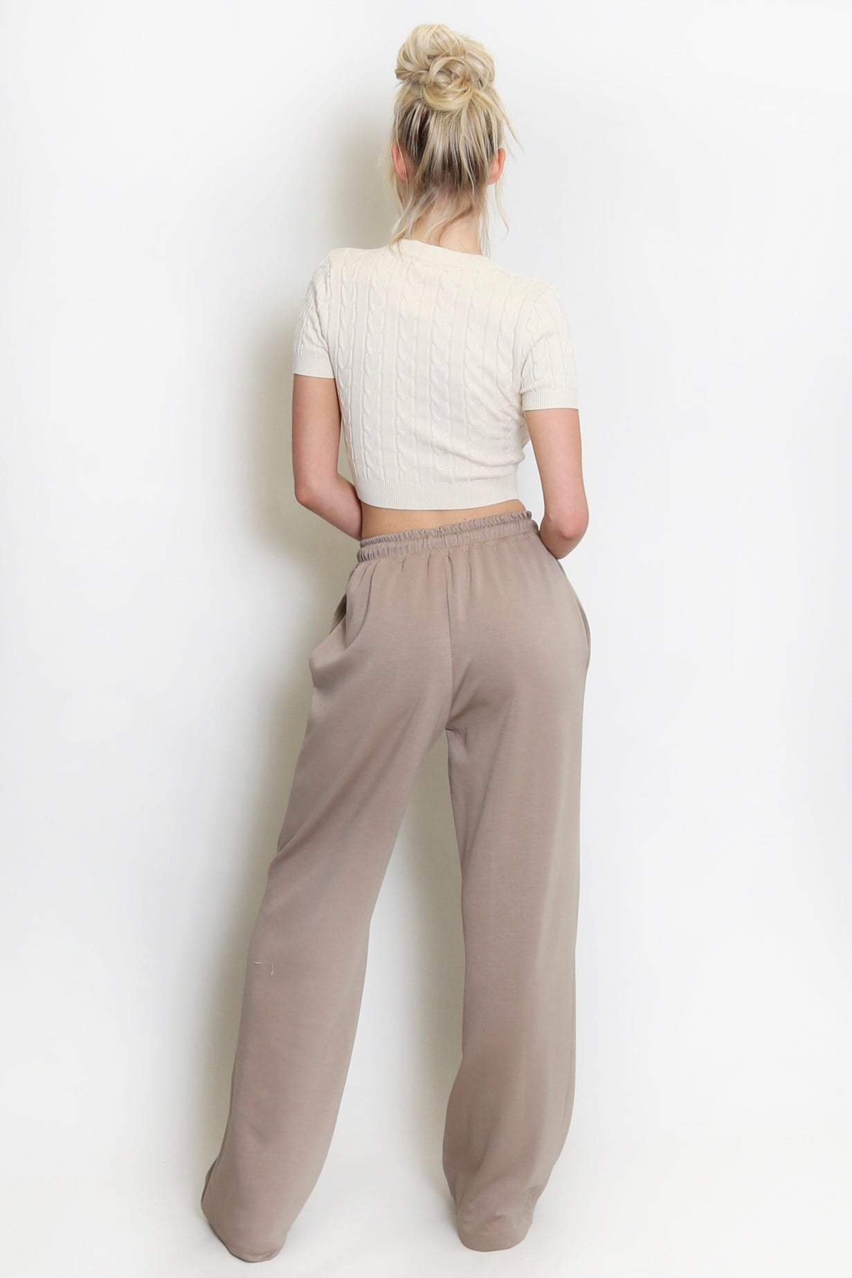 Taupe Elasticated Waist Wide Leg Jogger Trousers