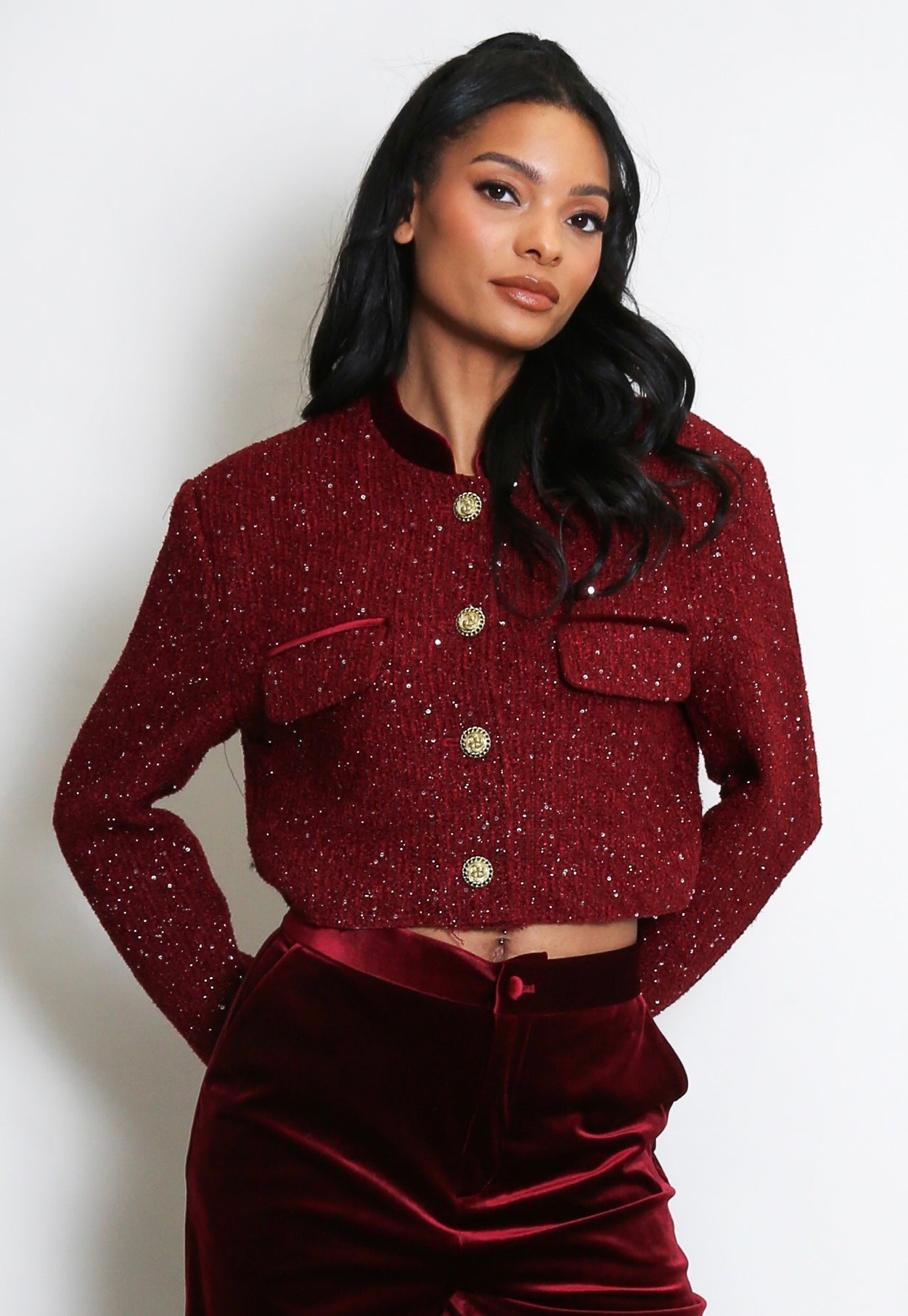 Burgundy Tweed Sequin Cropped Blazer