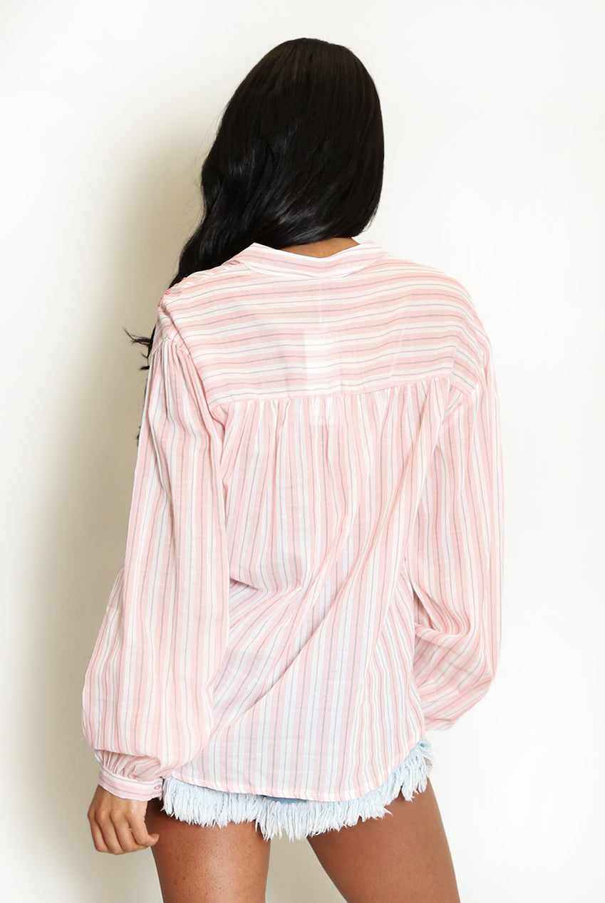 Pink Leaf Embroidered Striped Blouse