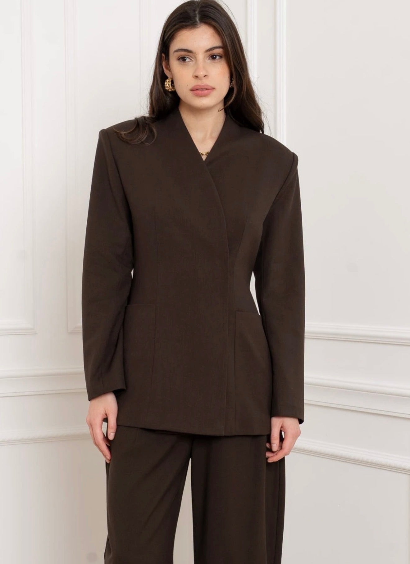 Brown Collarless Wrap Blazer
