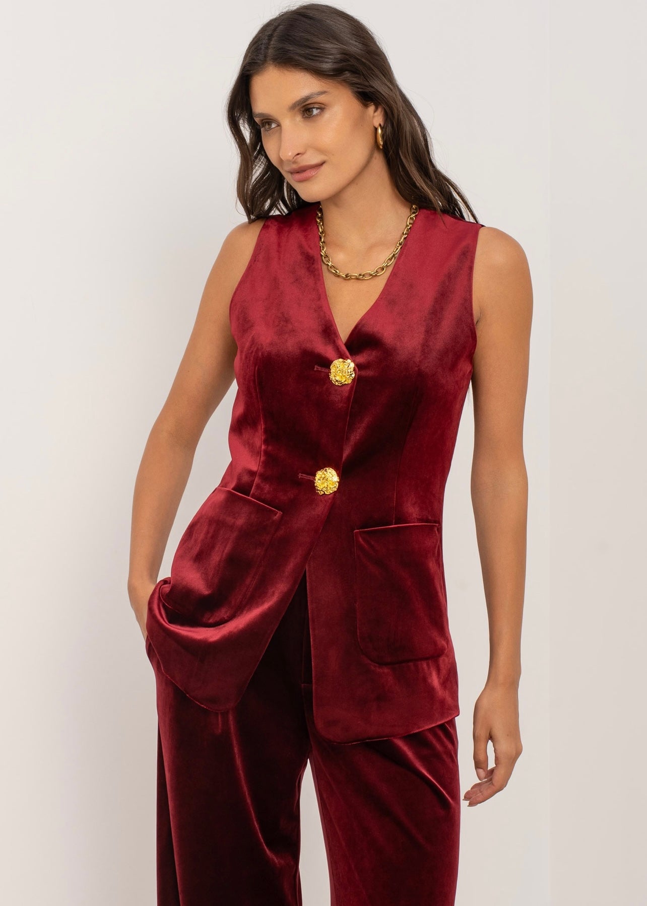 Burgundy Velvet V Neck Waistcoat with Statement Buttons
