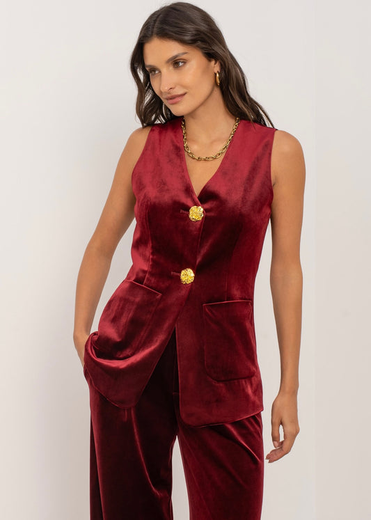 Burgundy Velvet V Neck Waistcoat with Statement Buttons