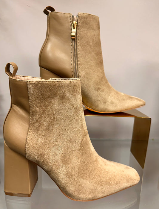 Beige Suede Block Heel Ankle Boots