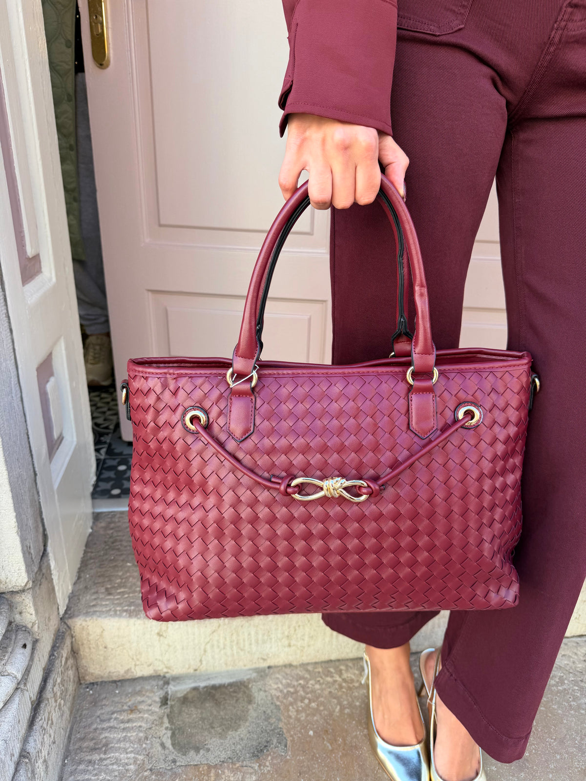 Gold Bow Detail Pleated Structured Handbag
