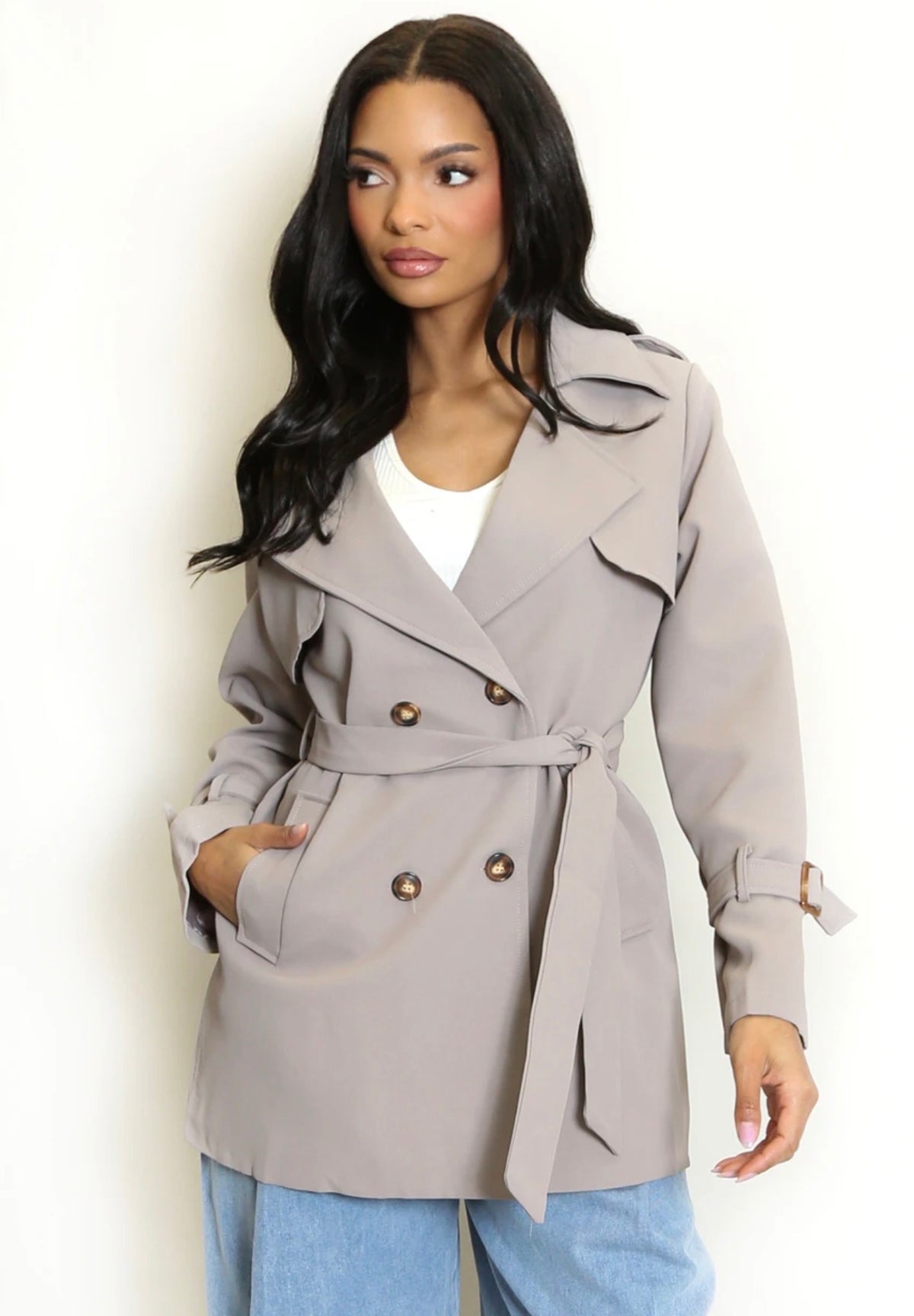 Taupe Short Trench Coat With Belt
