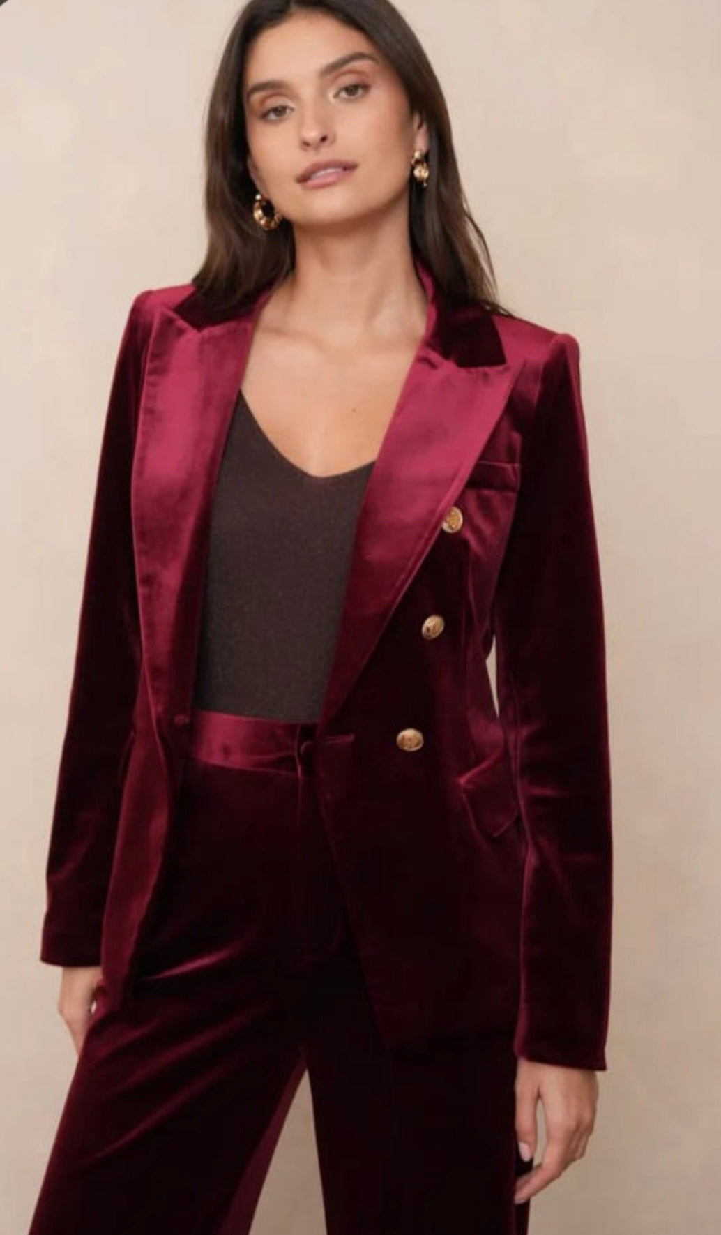 Wine Velvet Double Breast Golden Button Blazer