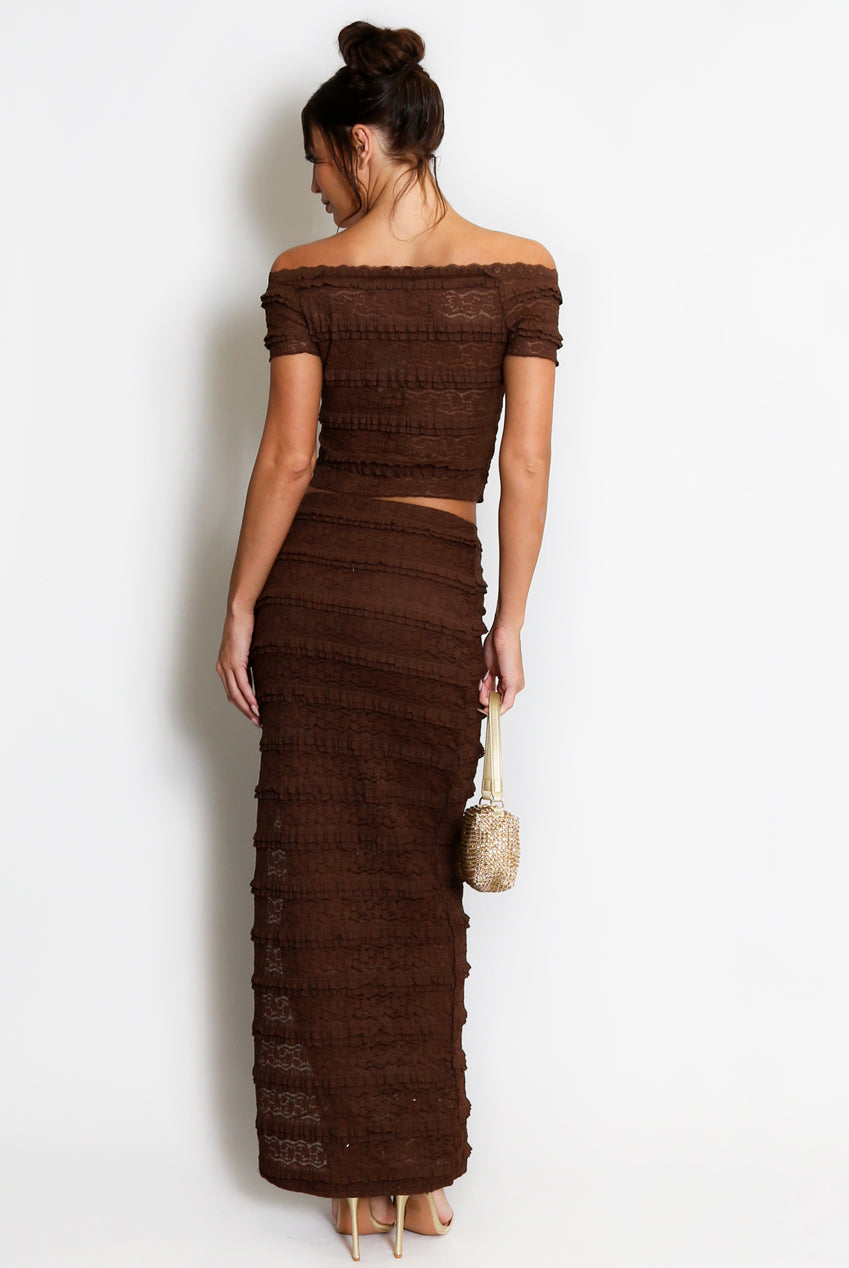 Brown Lace Panelled Bardot Skirt