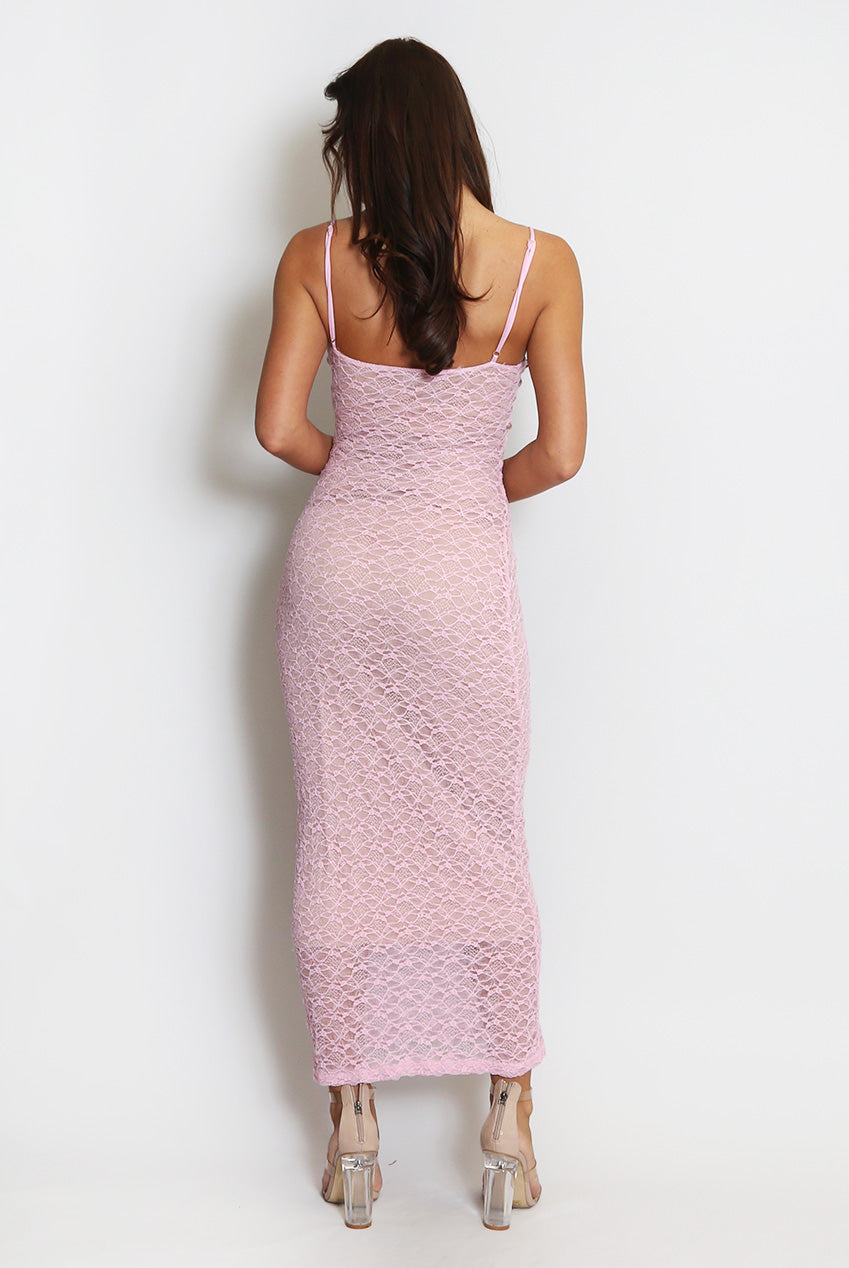 Pink Lace Maxi Dress With Nude Lining
