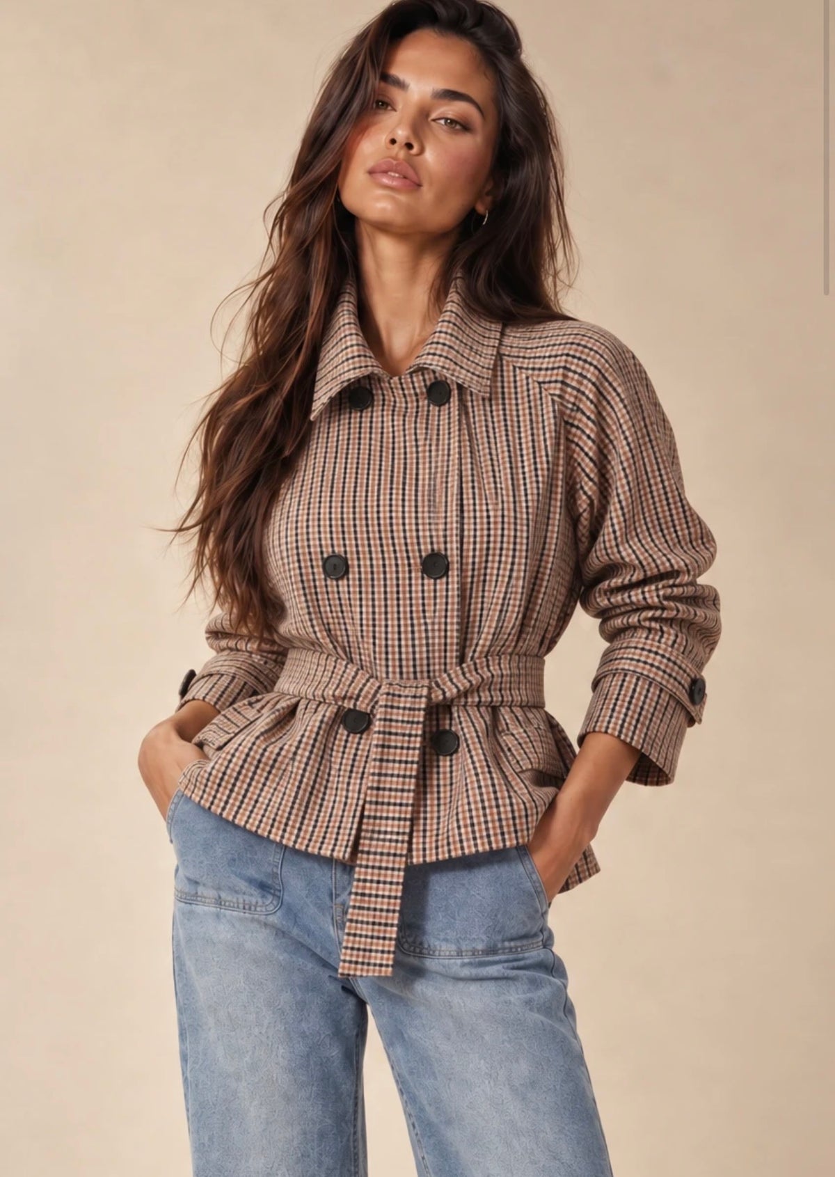 Camel Check Plaid Cropped Trench Coat