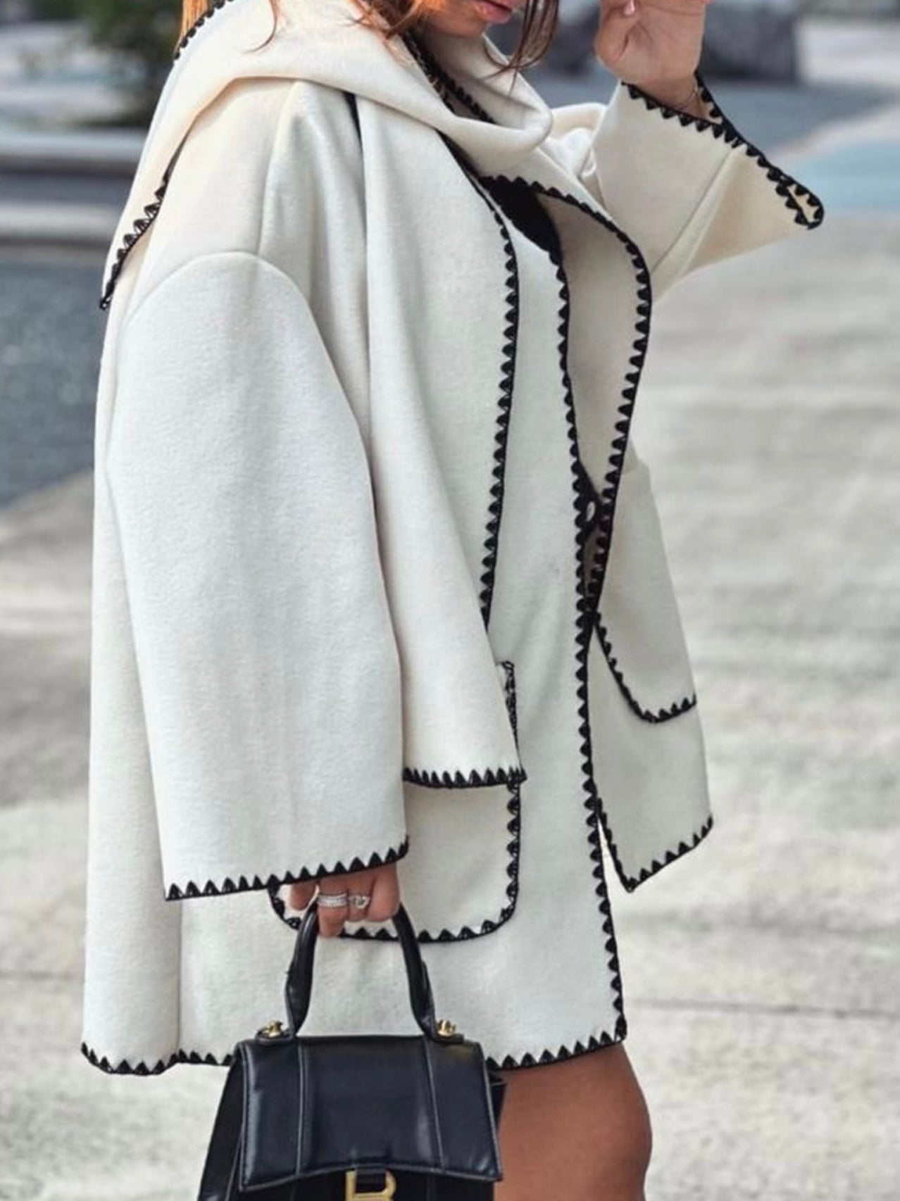 Cream Contrast Edge Jacket And Scarf Set