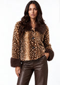 (PRE-ORDER) Brown Deer Print Faux Fur Jacket With Fur Collar And Cuff
