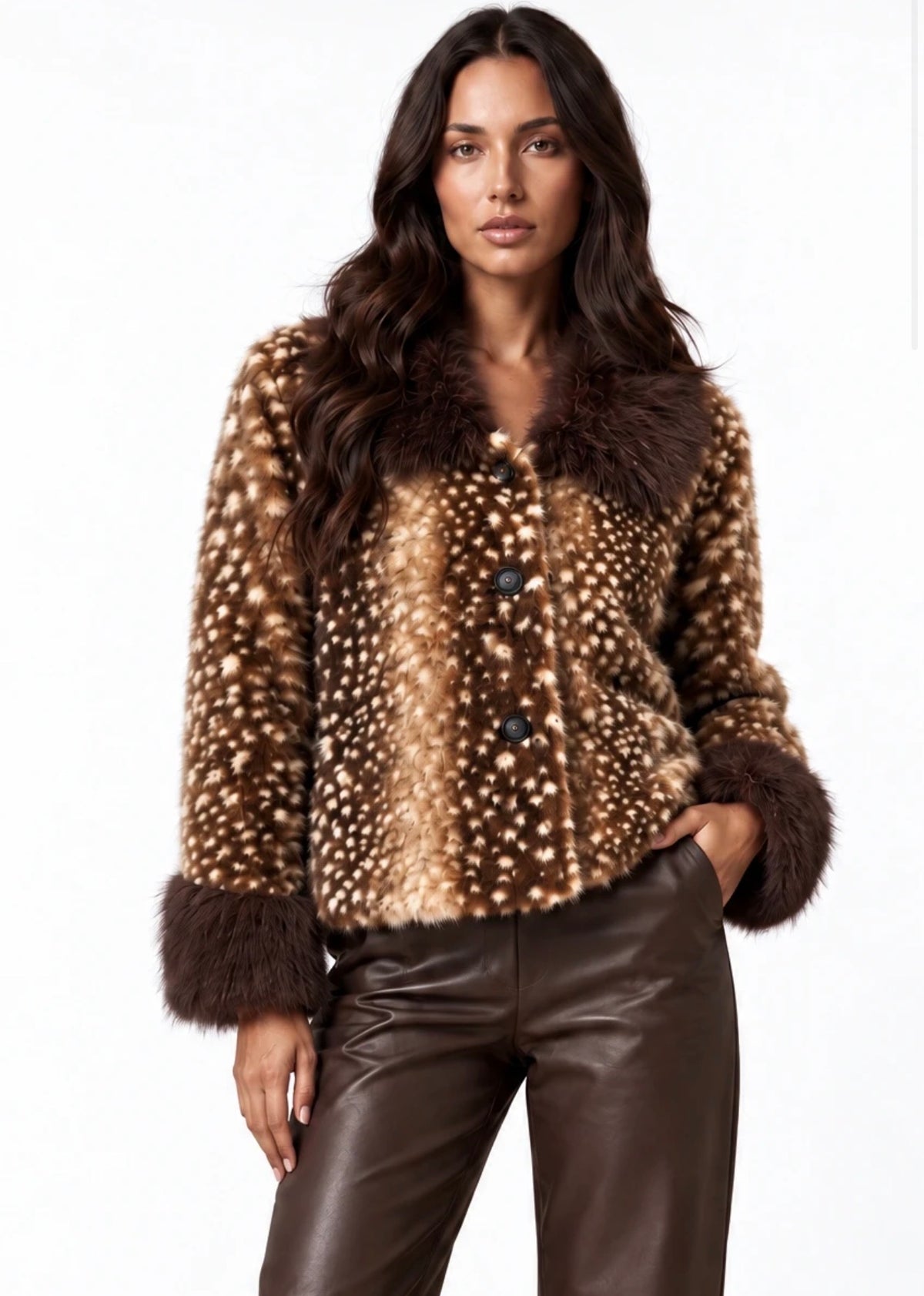 (PRE-ORDER) Brown Deer Print Faux Fur Jacket With Fur Collar And Cuff