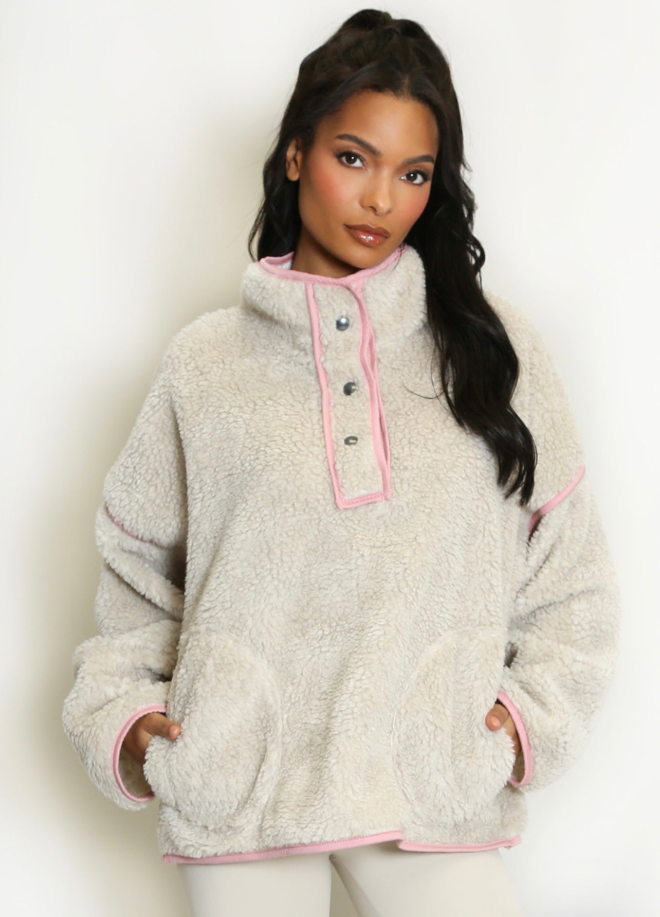 Beige/Pink Pullover Fleece Sweatshirt