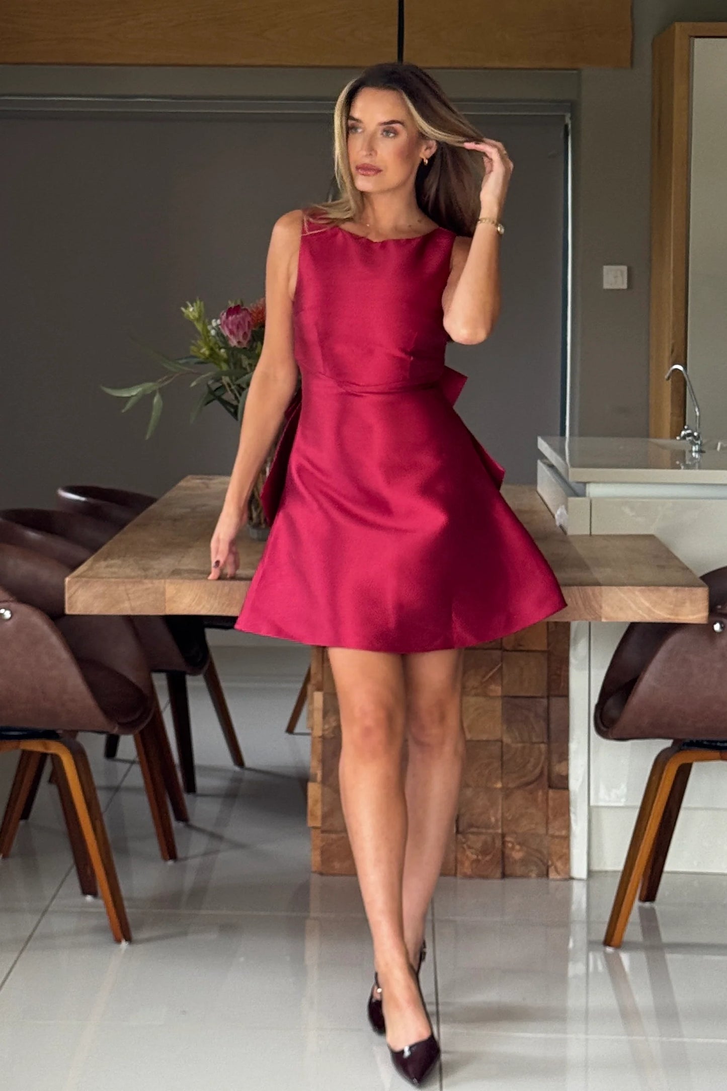 Feyre Bow Detail Sleeves Mini Dress Berry