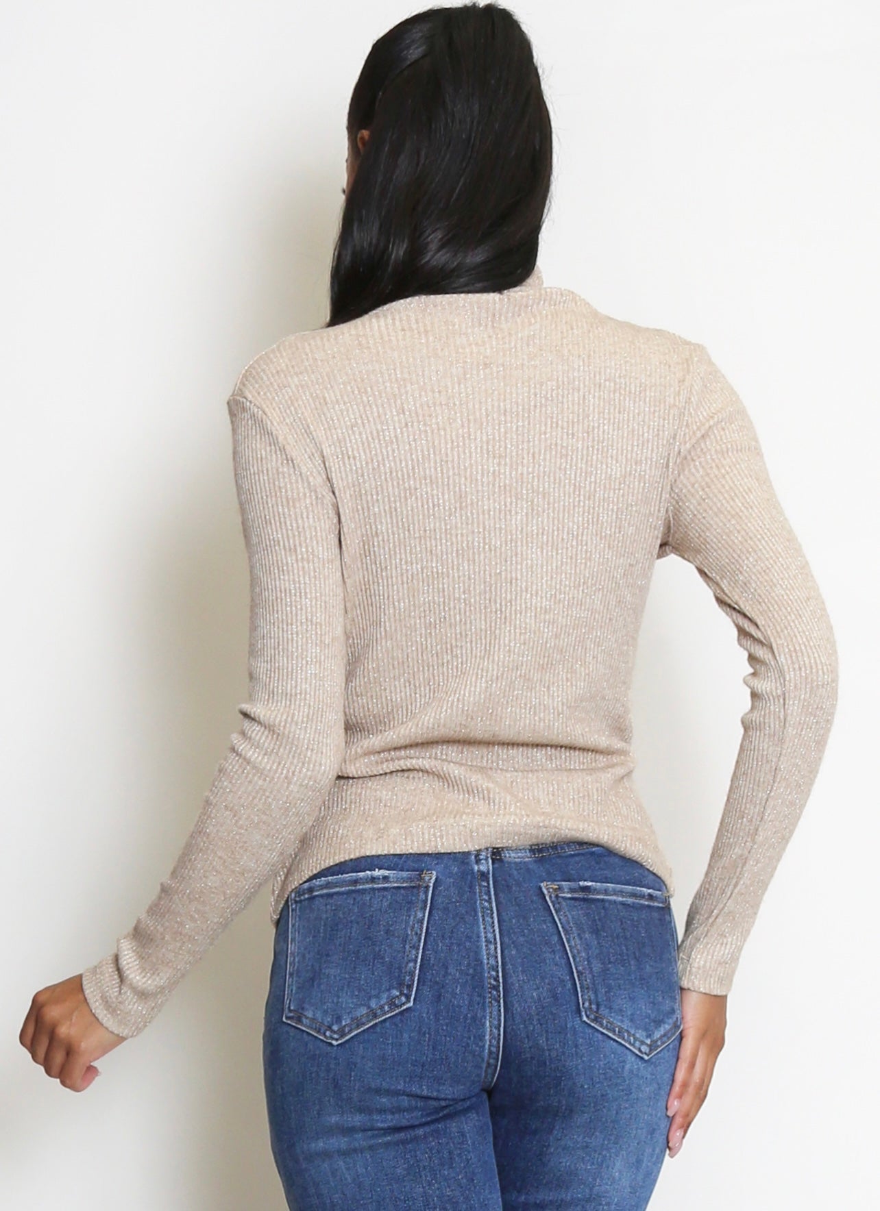 Taupe Metallic Polo Neck Fine Knit Jumper