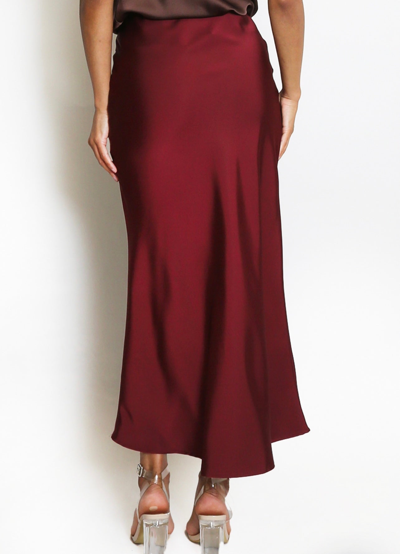 Wine Satin Bias Cut Flowing Maxi Skirt