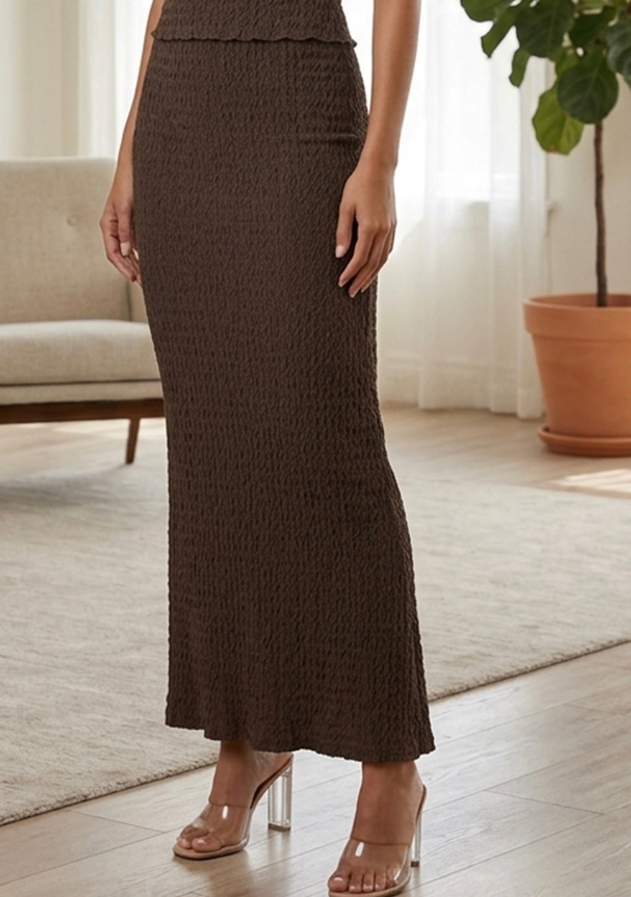 Brown Waffle Texture Maxi Skirt