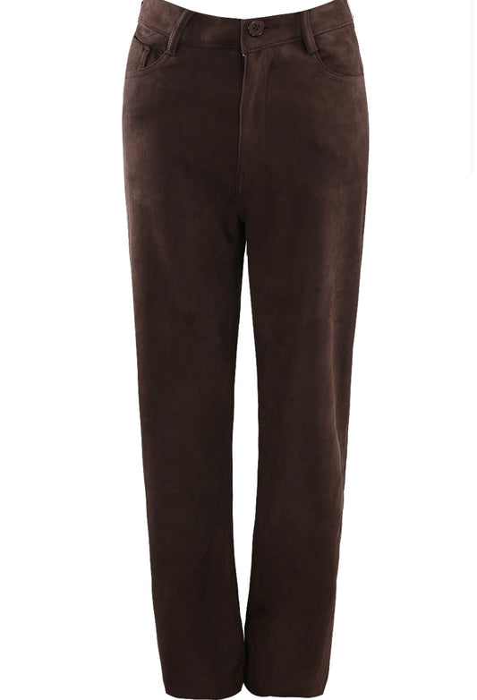 Brown Faux Suede Straight Leg Trousers