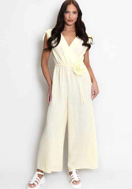 Lemon Striped Linen Look Jumpsuit With Corsage Belt