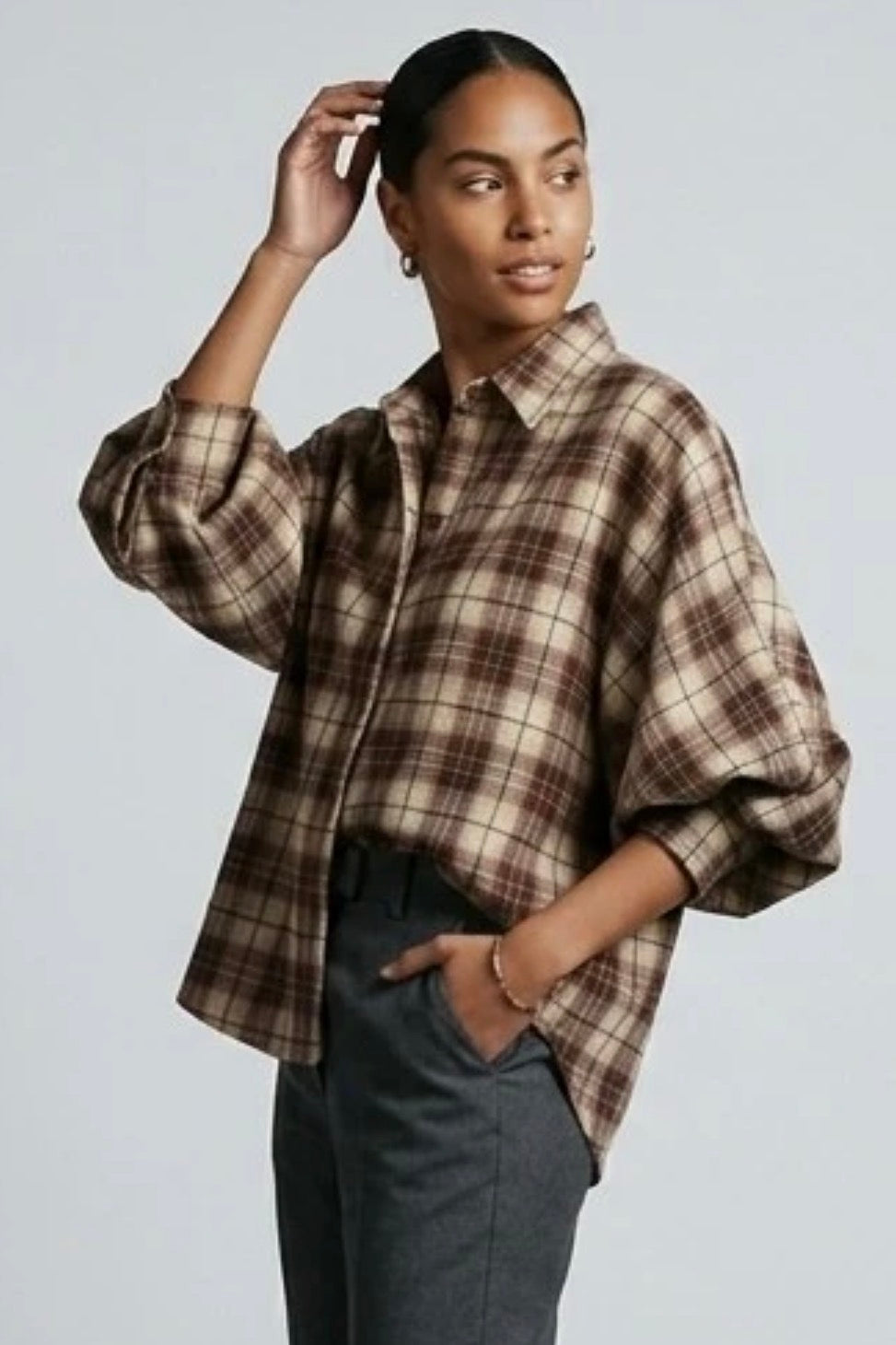 Brown Check Plaid Dolman Sleeves Blouse