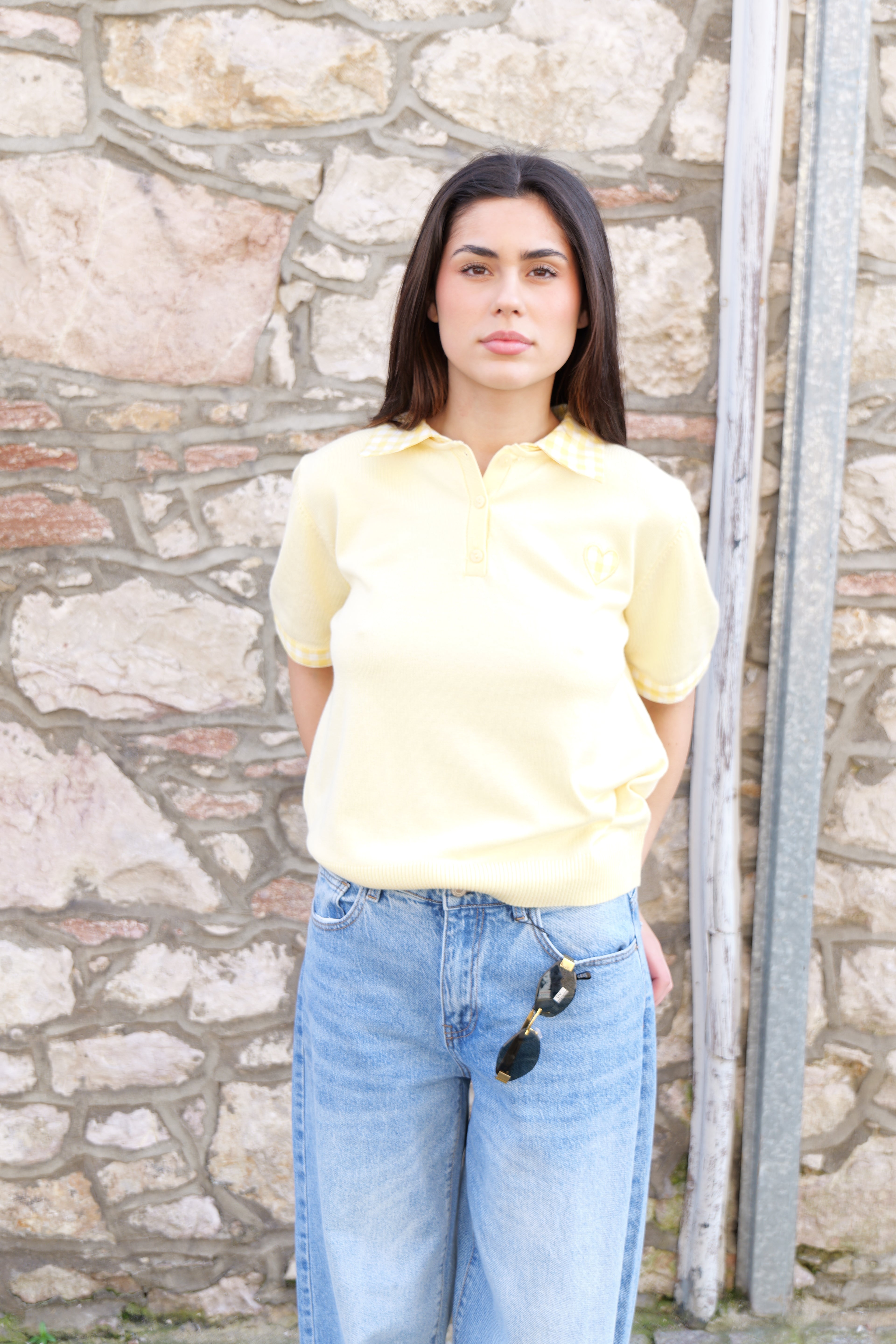 Lemon Check Collar Short Sleeve Knit