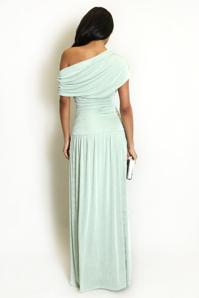 Green Drape Bardot Ruched Maxi Dress