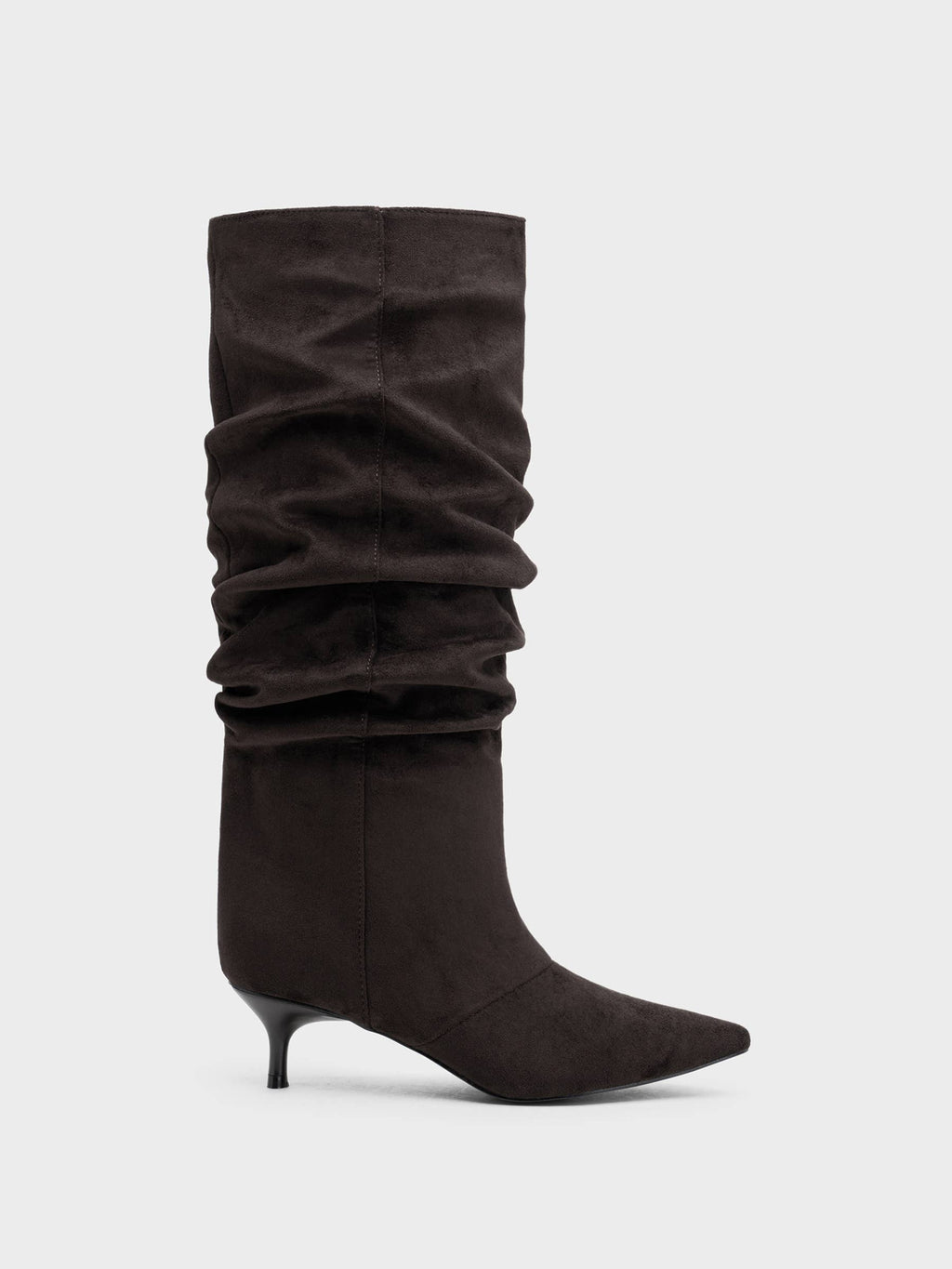 Brown Slouchy Knee High Boots, Pointed Toe, Kitten Heel