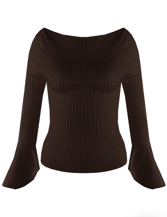Brown Slash Neck Flare Cuff Jumper