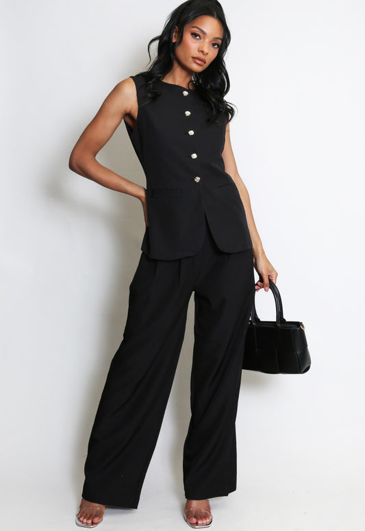 Black Tailored Button Front Waist Coat
