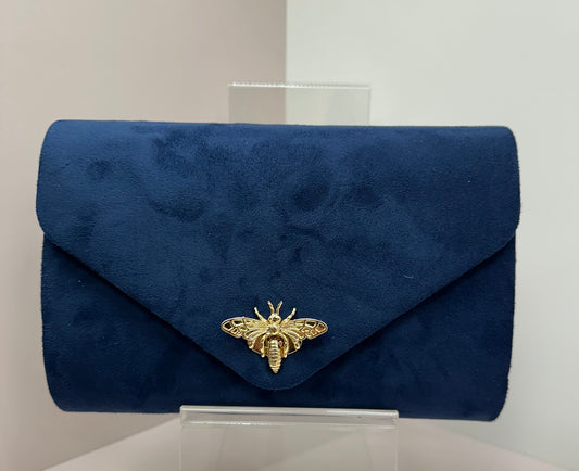 Navy Bee Suede Clutch