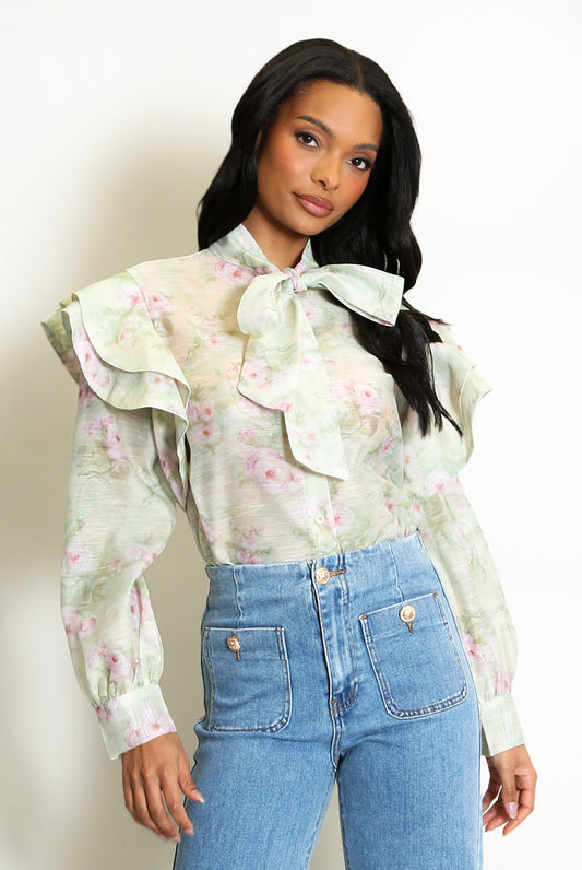 Green Vintage Floral Print Pussy Bow Blouse