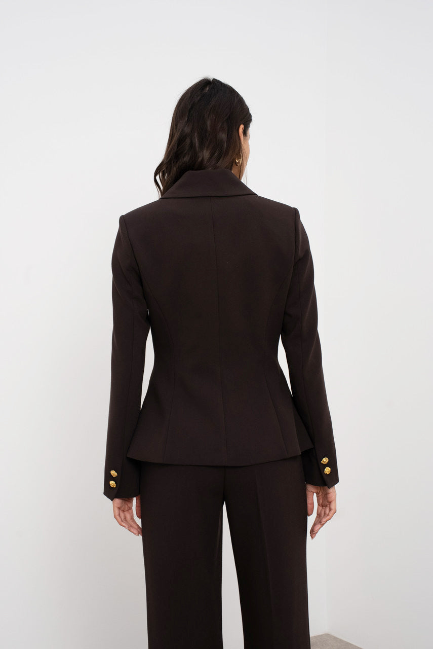 Coffee Embossed Button Tailored Blazer With Collar