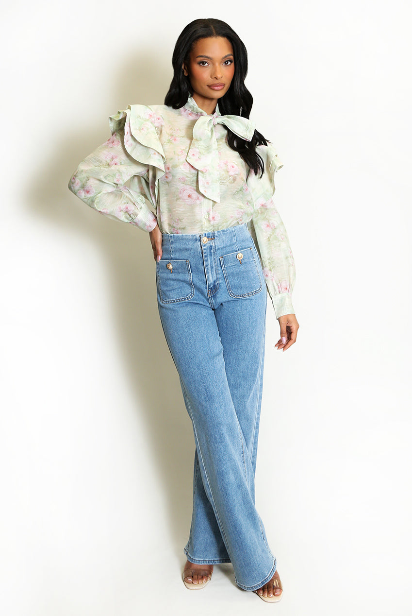 Green Vintage Floral Print Pussy Bow Blouse