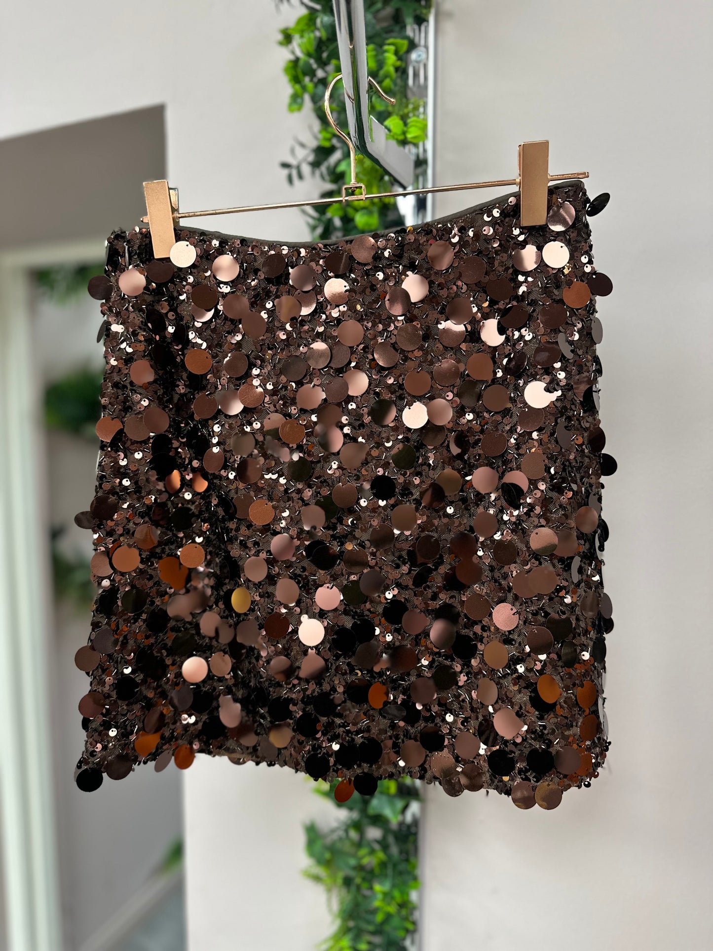Brown Disc Sequin Mini Skirt