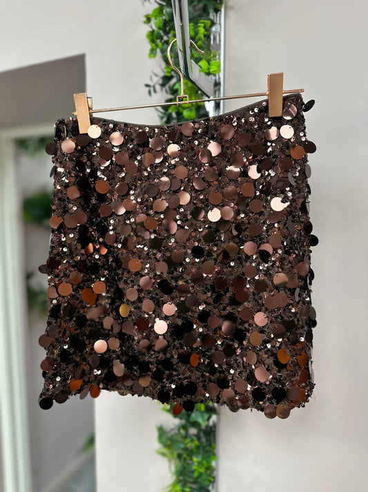 Brown Disc Sequin Mini Skirt