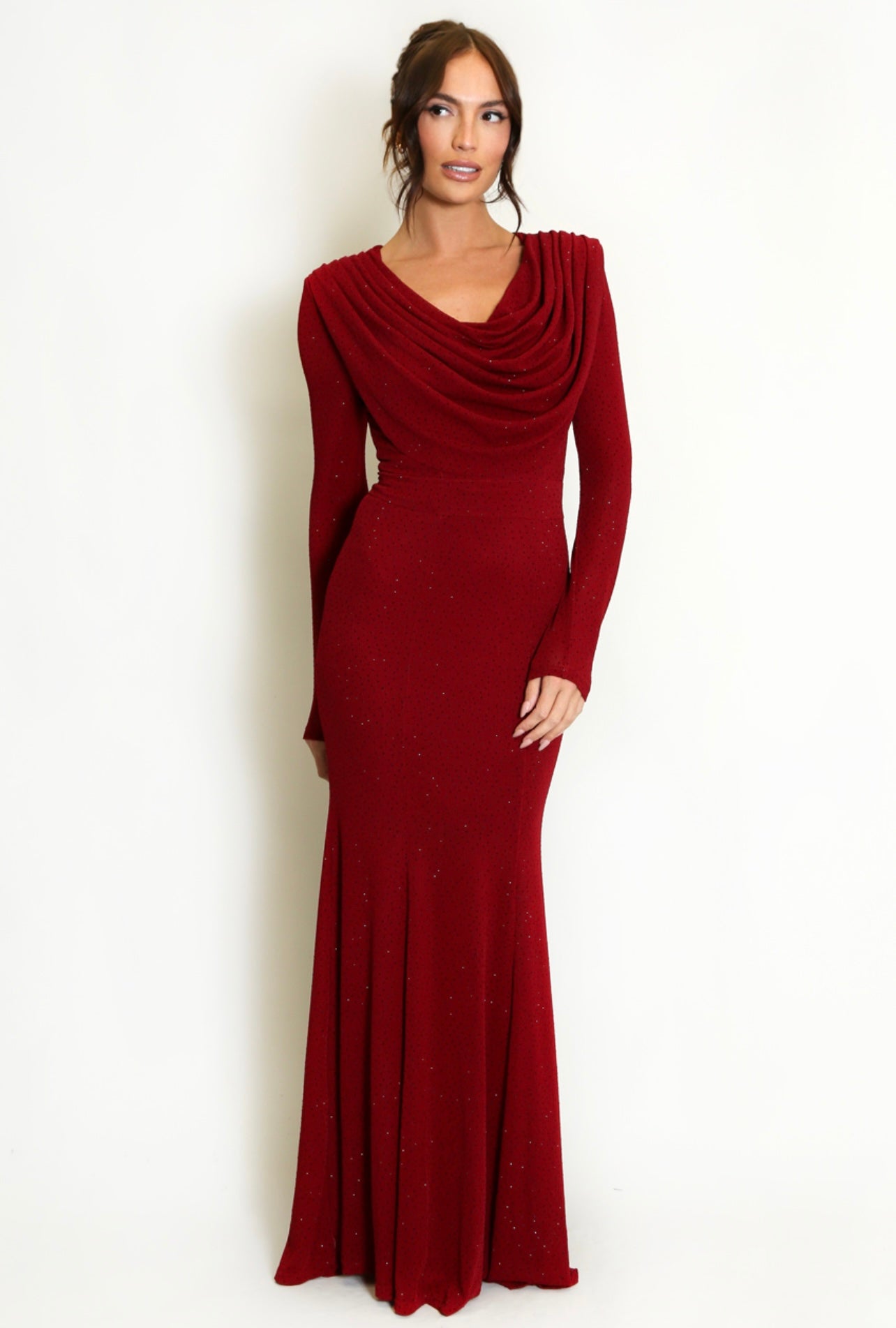 Burgundy Cowl Neck Studded Maxi Dress